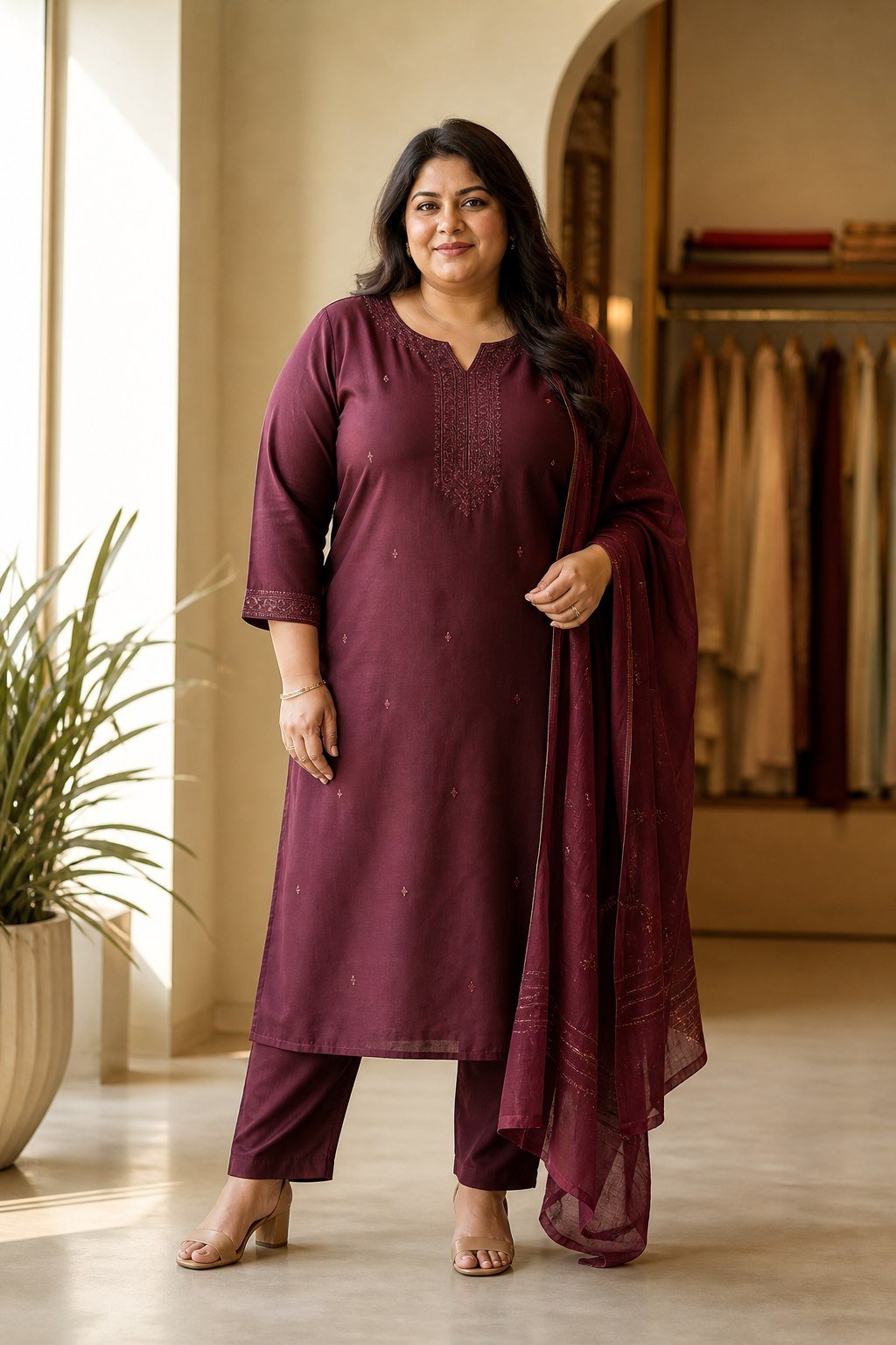 Plus-size Indian woman wearing elegant contemporary ethnic fashion